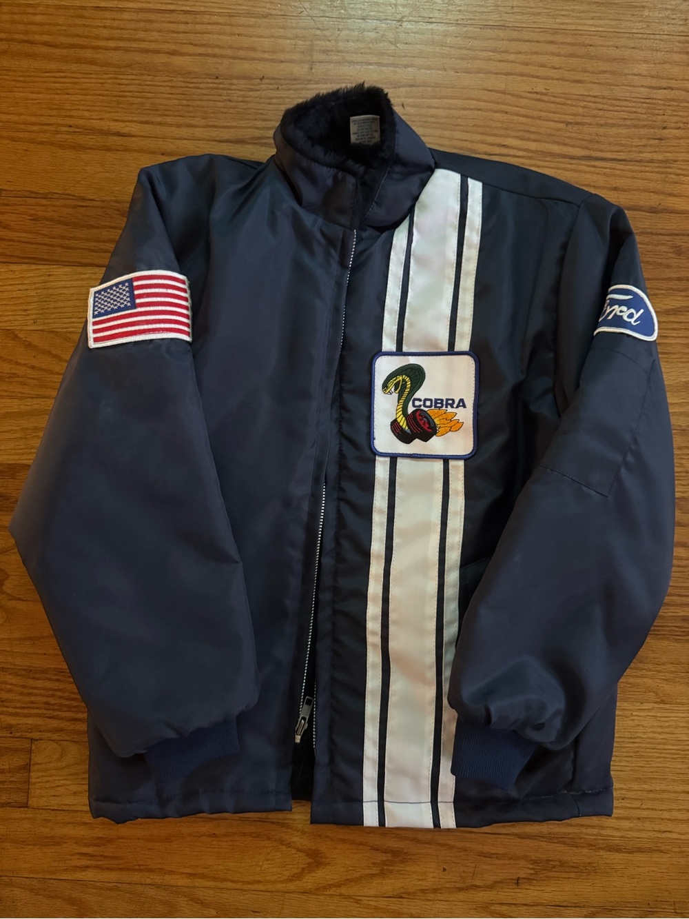 Vintage Ford Navy Bomber Jacket with White Racing Stripe